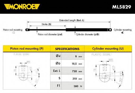 Газовая пружина, капот MONROE ML5829