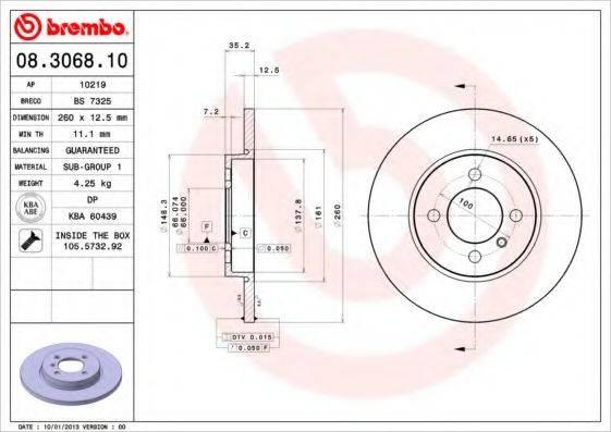 Тормозной диск BREMBO 08.3068.10 Тормозной диск BREMBO 08.3068.10