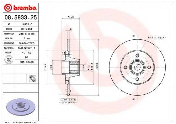 Тормозной диск BREMBO 08.5833.25 Тормозной диск BREMBO 08.5833.25