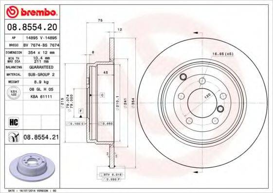 Тормозной диск BREMBO 08.8554.21 Тормозной диск BREMBO 08.8554.21