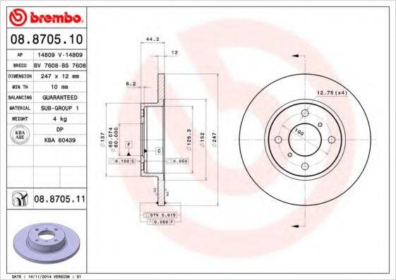 Тормозной диск BREMBO 08.8705.11 Тормозной диск BREMBO 08.8705.11