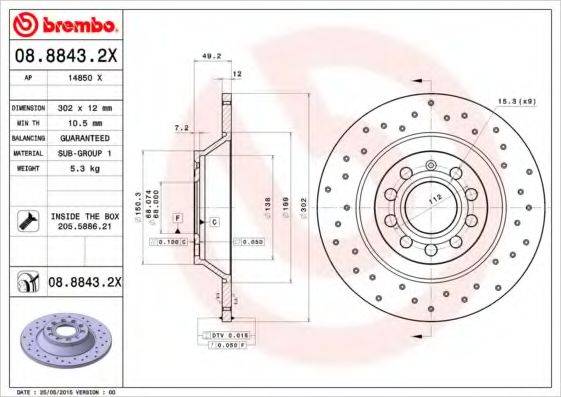 Тормозной диск BREMBO 08.8843.2X Тормозной диск BREMBO 08.8843.2X