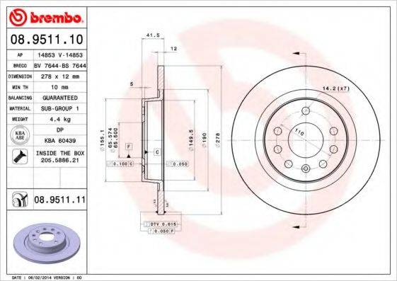 Тормозной диск BREMBO 08.9511.10 Тормозной диск BREMBO 08.9511.10