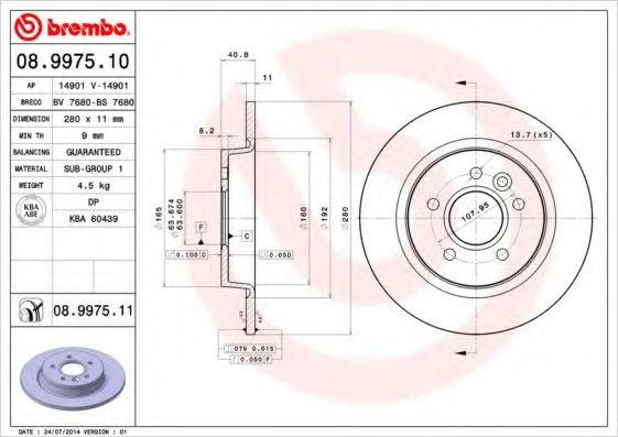Тормозной диск BREMBO 08.9975.11 Тормозной диск BREMBO 08.9975.11