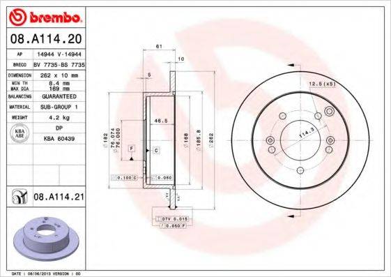 Тормозной диск BREMBO 08.A114.21 Тормозной диск BREMBO 08.A114.21