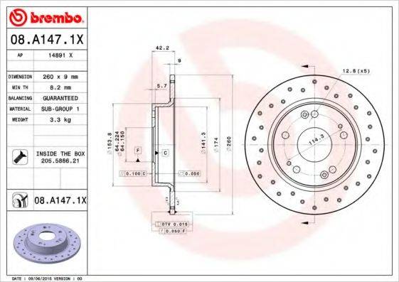 Тормозной диск BREMBO 08.A147.1X Тормозной диск BREMBO 08.A147.1X
