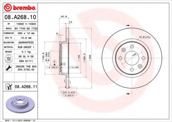 Тормозной диск BREMBO 08.A268.11 Тормозной диск BREMBO 08.A268.11