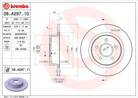 Тормозной диск BREMBO 08.A297.11 Тормозной диск BREMBO 08.A297.11