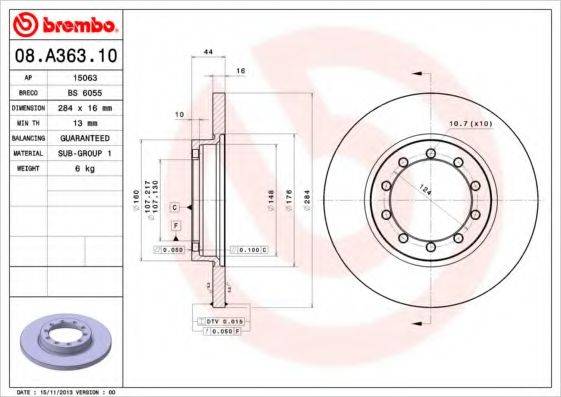 Тормозной диск BREMBO 08.A363.10 Тормозной диск BREMBO 08.A363.10