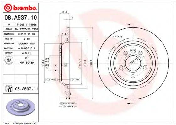 Тормозной диск BREMBO 08.A537.11 Тормозной диск BREMBO 08.A537.11