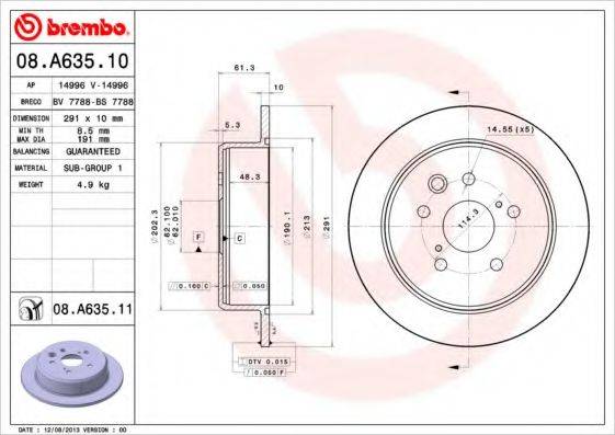 Тормозной диск BREMBO 08.A635.11 Тормозной диск BREMBO 08.A635.11