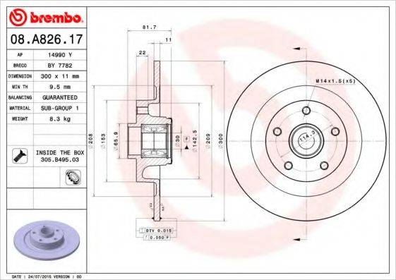 Тормозной диск BREMBO 08.A826.17 Тормозной диск BREMBO 08.A826.17
