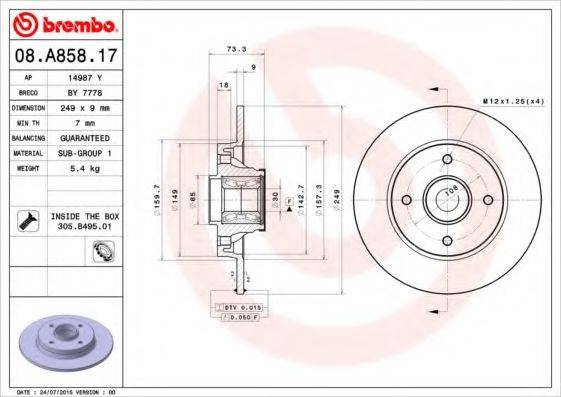 Тормозной диск BREMBO 08.A858.17 Тормозной диск BREMBO 08.A858.17