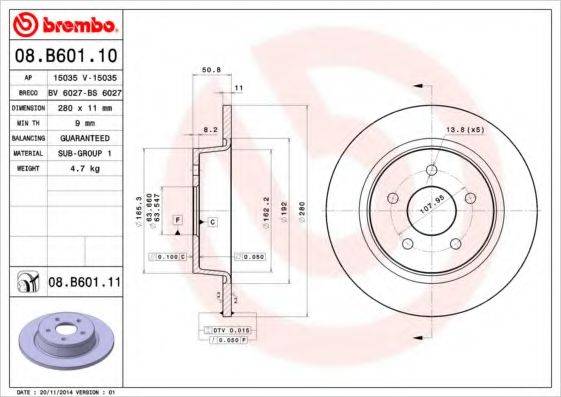 Тормозной диск BREMBO 08.B601.10 Тормозной диск BREMBO 08.B601.10