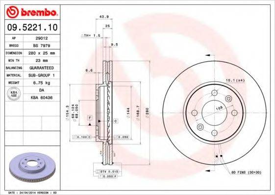 Тормозной диск BREMBO 09.5221.10 Тормозной диск BREMBO 09.5221.10
