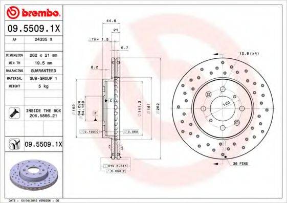 Тормозной диск BREMBO 09.5509.1X Тормозной диск BREMBO 09.5509.1X