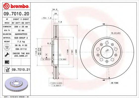 Тормозной диск BREMBO 09.7010.21 Тормозной диск BREMBO 09.7010.21