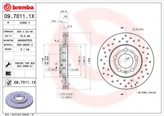 Тормозной диск BREMBO 09.7011.1X Тормозной диск BREMBO 09.7011.1X
