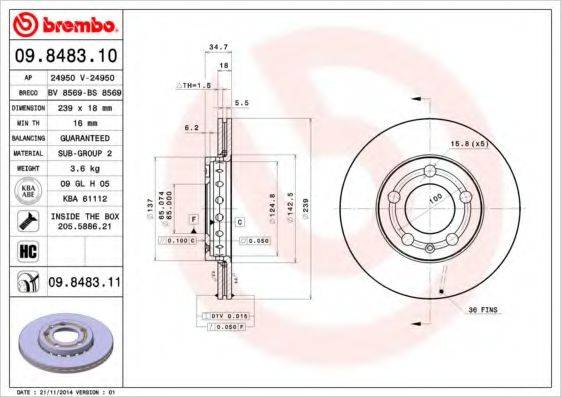 Тормозной диск BREMBO 09.8483.11 Тормозной диск BREMBO 09.8483.11