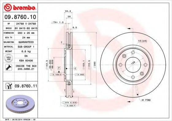 Тормозной диск BREMBO 09.8760.11 Тормозной диск BREMBO 09.8760.11
