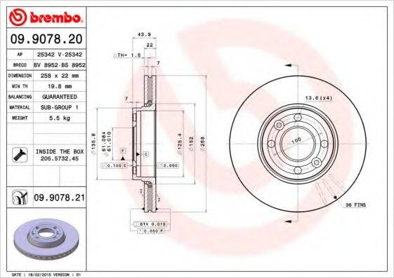 Тормозной диск BREMBO 09.9078.21 Тормозной диск BREMBO 09.9078.21
