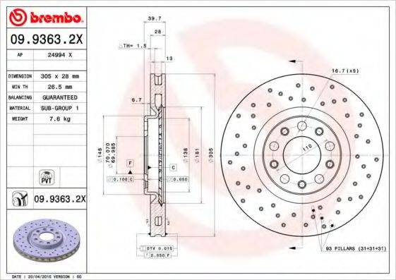 Тормозной диск BREMBO 09.9363.2X Тормозной диск BREMBO 09.9363.2X