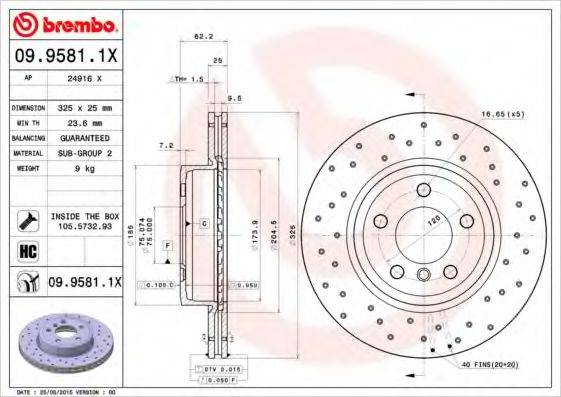 Тормозной диск BREMBO 09.9581.1X Тормозной диск BREMBO 09.9581.1X