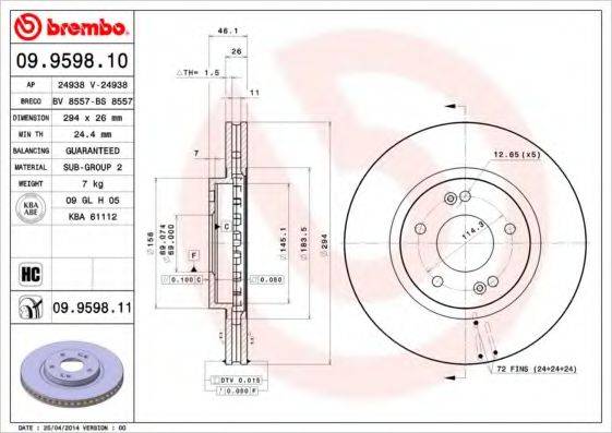Тормозной диск BREMBO 09.9598.11 Тормозной диск BREMBO 09.9598.11