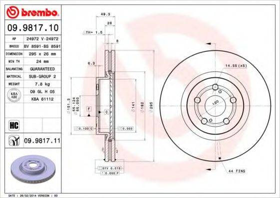 Тормозной диск BREMBO 09.9817.10 Тормозной диск BREMBO 09.9817.10