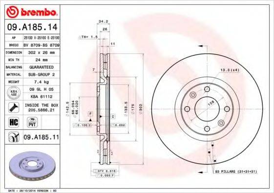 Тормозной диск BREMBO 09.A185.11 Тормозной диск BREMBO 09.A185.11