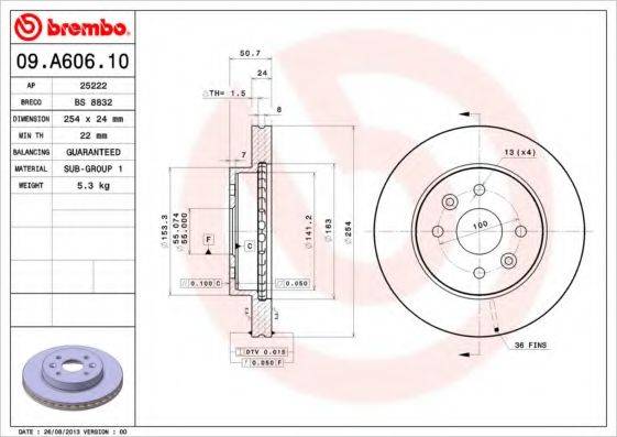 Тормозной диск BREMBO 09.A606.10 Тормозной диск BREMBO 09.A606.10