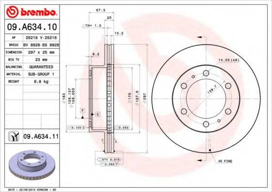 Тормозной диск BREMBO 09.A634.10 Тормозной диск BREMBO 09.A634.10