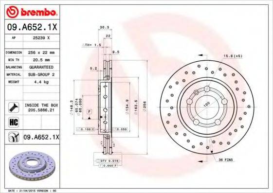 Тормозной диск BREMBO 09.A652.1X Тормозной диск BREMBO 09.A652.1X