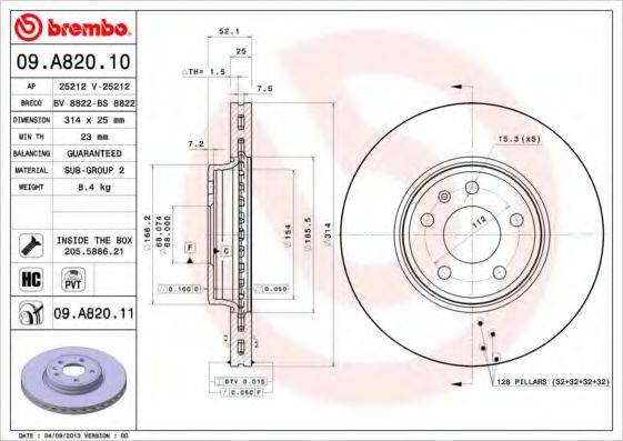 Тормозной диск BREMBO 09.A820.11 Тормозной диск BREMBO 09.A820.11