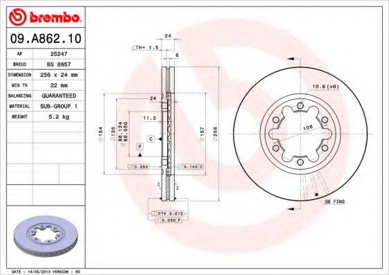 Тормозной диск BREMBO 09.A862.10 Тормозной диск BREMBO 09.A862.10