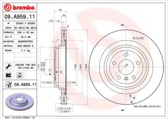 Тормозной диск BREMBO 09.A959.11 Тормозной диск BREMBO 09.A959.11