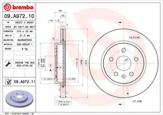 Тормозной диск BREMBO 09.A972.11 Тормозной диск BREMBO 09.A972.11