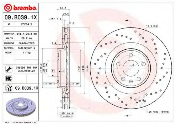 Тормозной диск BREMBO 09.B039.1X Тормозной диск BREMBO 09.B039.1X