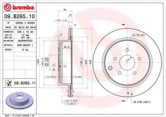 Тормозной диск BREMBO 09.B265.11 Тормозной диск BREMBO 09.B265.11