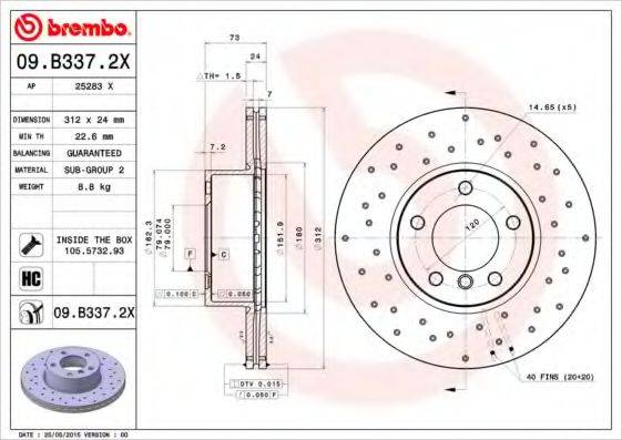 Тормозной диск BREMBO 09.B337.2X Тормозной диск BREMBO 09.B337.2X
