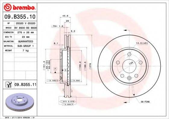 Тормозной диск BREMBO 09.B355.10 Тормозной диск BREMBO 09.B355.10