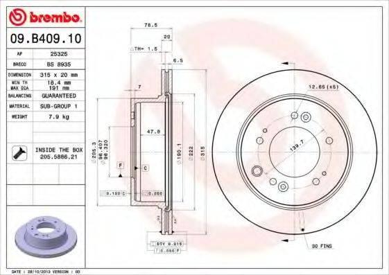 Тормозной диск BREMBO 09.B409.10 Тормозной диск BREMBO 09.B409.10
