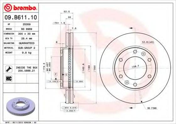 Тормозной диск BREMBO 09.B611.10 Тормозной диск BREMBO 09.B611.10