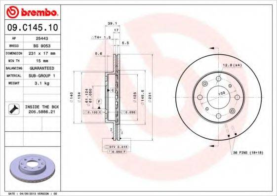 Тормозной диск BREMBO 09.C145.10 Тормозной диск BREMBO 09.C145.10